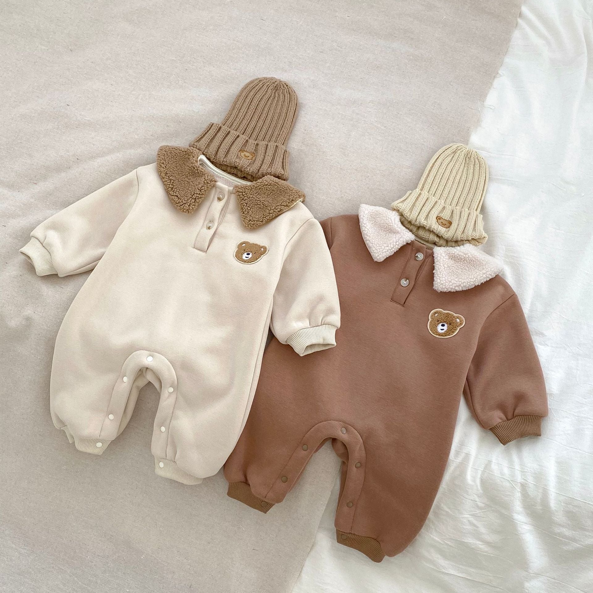 Winter Baby Unisex Bear Head Design Thicken Long Sleeve Romper-0